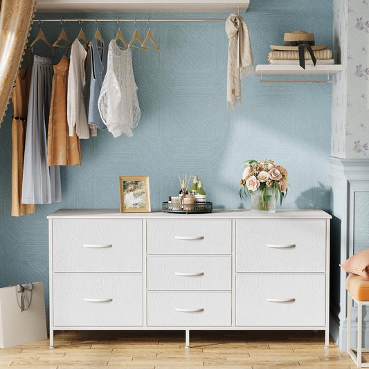 Dresser with 7 Fabric Drawers, 47 Inch Dresser TV Stand for 43, 50, 55 Inch TV, Dresser Chest of Drawers, PU Leather, Metal Frame, Storage Dresser for Bedroom, Nursery, Clothing, White Dresser-1