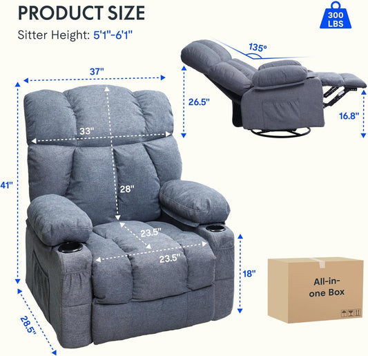 XRC3 Rocker Recliner Chair for Adults W/Massage & Heat, 360° Swivel Recliner Chair W/Cup Holders, USB Port, Manual Glider Rocking Chair for Living Room Nusery, Blue-1