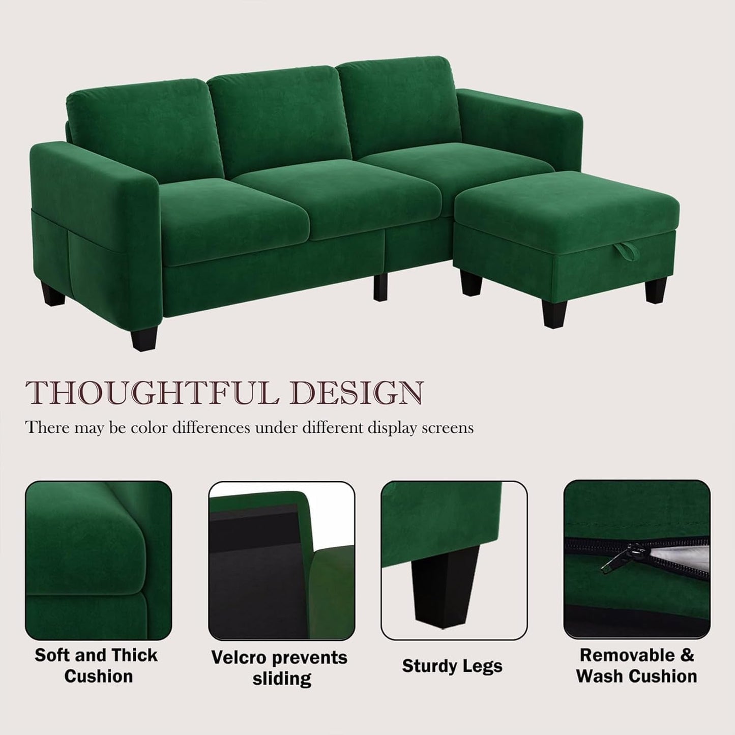 Sectional L-Shaped Sofa Couch, 78'' Modern Linen 3 Seat Couch with Storage Ottoman, Convertible Sectionals Sofas Chaise, Small Space Couches for Living Room, Bedroom, Apartment and Office (Green)-2