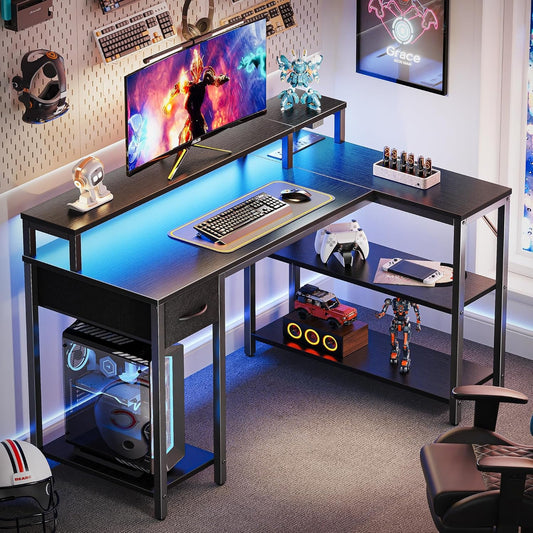 47 Inch Reversible L Shaped Desk with LED Lights & Power Outlets, Computer Desk with Shelves & Monitor Stand, Gaming Desk with Drawer, Home Office Desk Corner Desk, Black-1