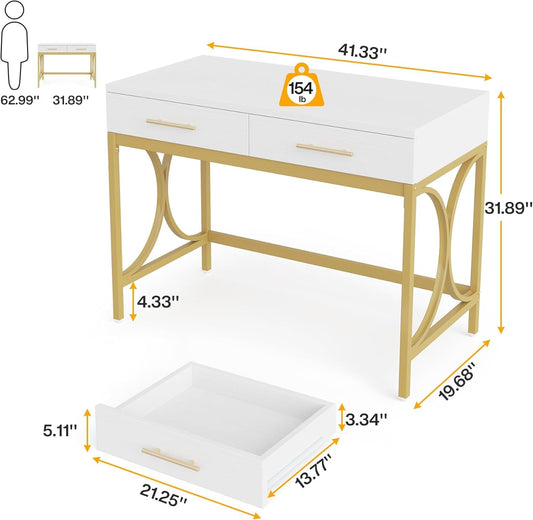 Modern Computer Desk with 2 Drawers, 41 Inches Study Writing Office Desk for Home Office, Bedroom, Makeup Vanity Table Desk with Gold Metal Frame, White & Gold-1