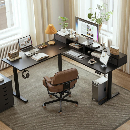 L Shaped Electric Standing Desk with 2 Drawers, 63 Inch Ergonomic Adjustable Height Desk with Storage, Corner Desk Sit Stand up Computer Table for Work Office Home, Black-1