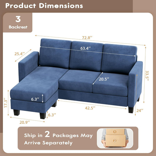 Convertible Sectional Sofa Couch, 3 Seat L-Shaped Sofa with Linen Fabric Ottoman Small Couch for Small Apartments, Living Room and Office (Linen Fabric, Blue)-1