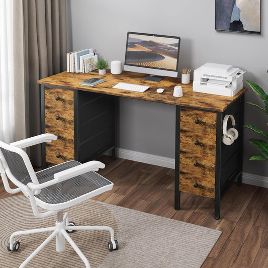 Home Office Desk with Drawers for Storage - 55 Inch Computer Desk with 8 Fabric Drawers, Writing Study Work Desk with Drawers on Both Sides for Bedroom-1
