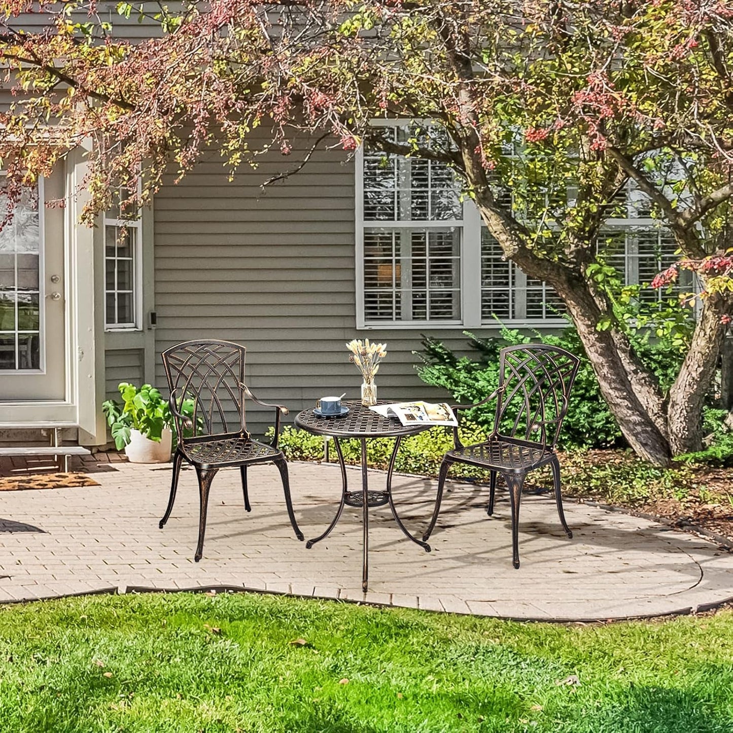 Cast Aluminum Patio Bistro Set with Umbrella Hole, 3 Piece Outdoor Bistro Set Rust-Resistant, Patio Table and Chairs, Outdoor/Indoor Use, for Garden,Backyard, Patio Balcony, Bronze-4