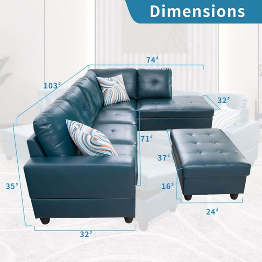 L-Shaped 3-Piece Semi PU Synthetic Leather Sofa with Storage Ottoman Set, Sectional Couch Sofa Set for Living Room, Office, Small Space, Peacock Blue-1