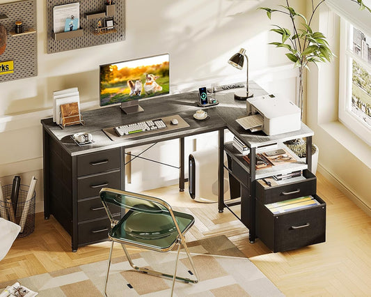 L Shaped Computer Desk with 6 Drawers & Power Outlet, 55 Inch Corner Desk with Reversible Storage Shelf & File Drawer, Home Office Desk, Grey Oak-1