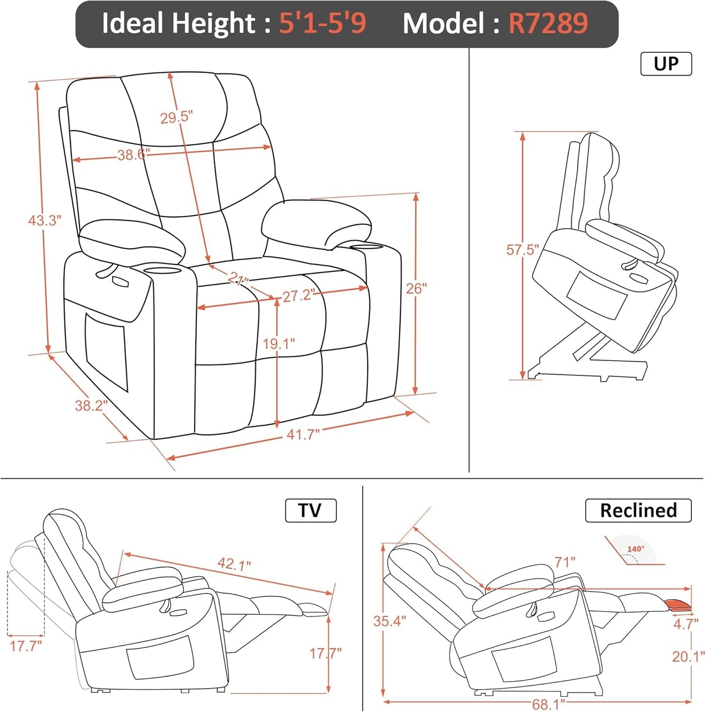 Power Lift Recliner Chair with Extended Footrest for Big Elderly People, Faux Leather R7289 (Dark Grey, Medium-Wide)-2