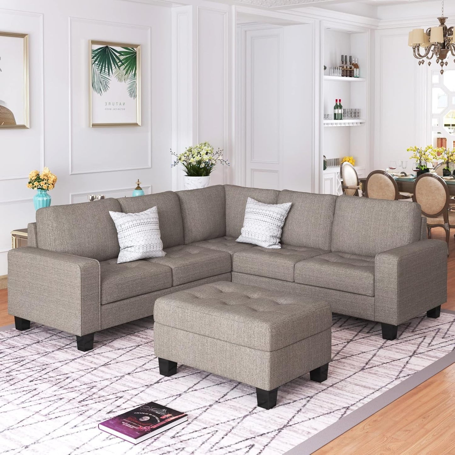 Sectional Sofas 3-Seat Sofa Sectional Sofa Couches with Reversible Chaise Storage Ottoman and 2 Cup Holders, Sofa Lounge and Ottoman for Living Room Furniture-2
