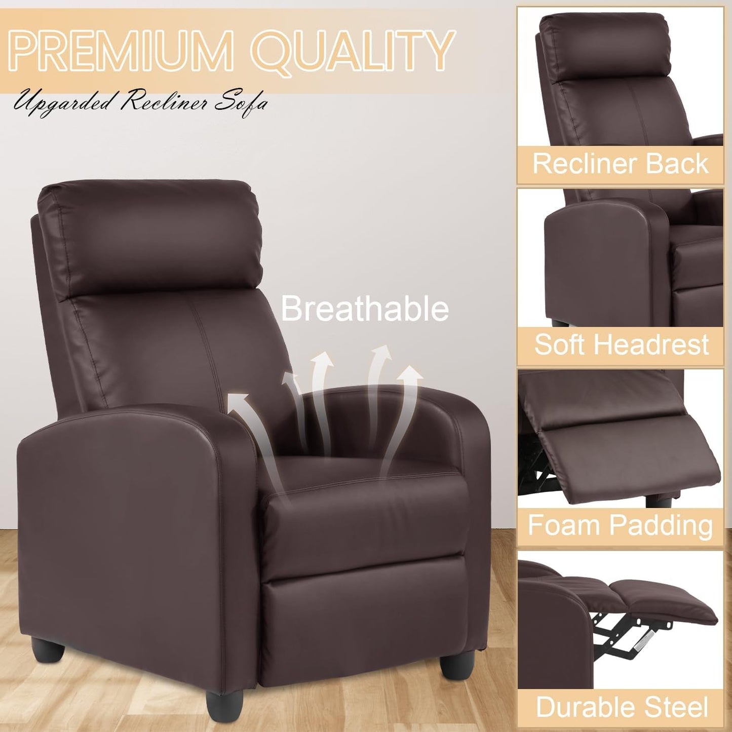 Recliner Chair Breathable Padded PU Leather Massage Single Sofa Recliners for Small Recliner Chair with Footrest Home Theater Seating for Bedroom Living Room,Brown-4