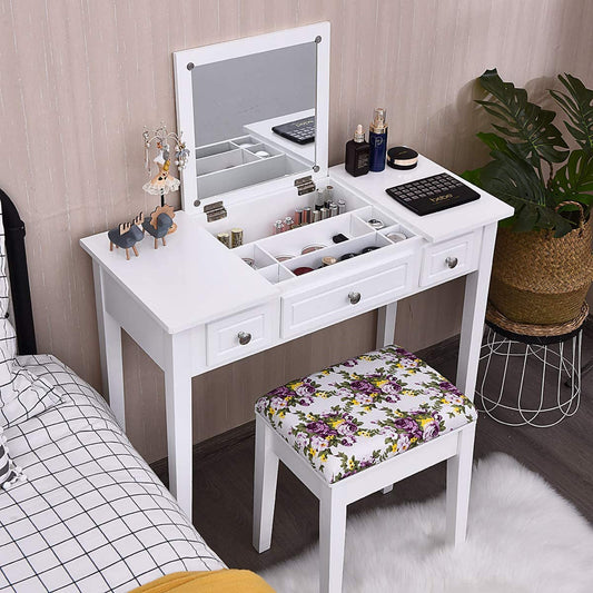 White Vanity Set with Flip Top Mirror and Drawers-1
