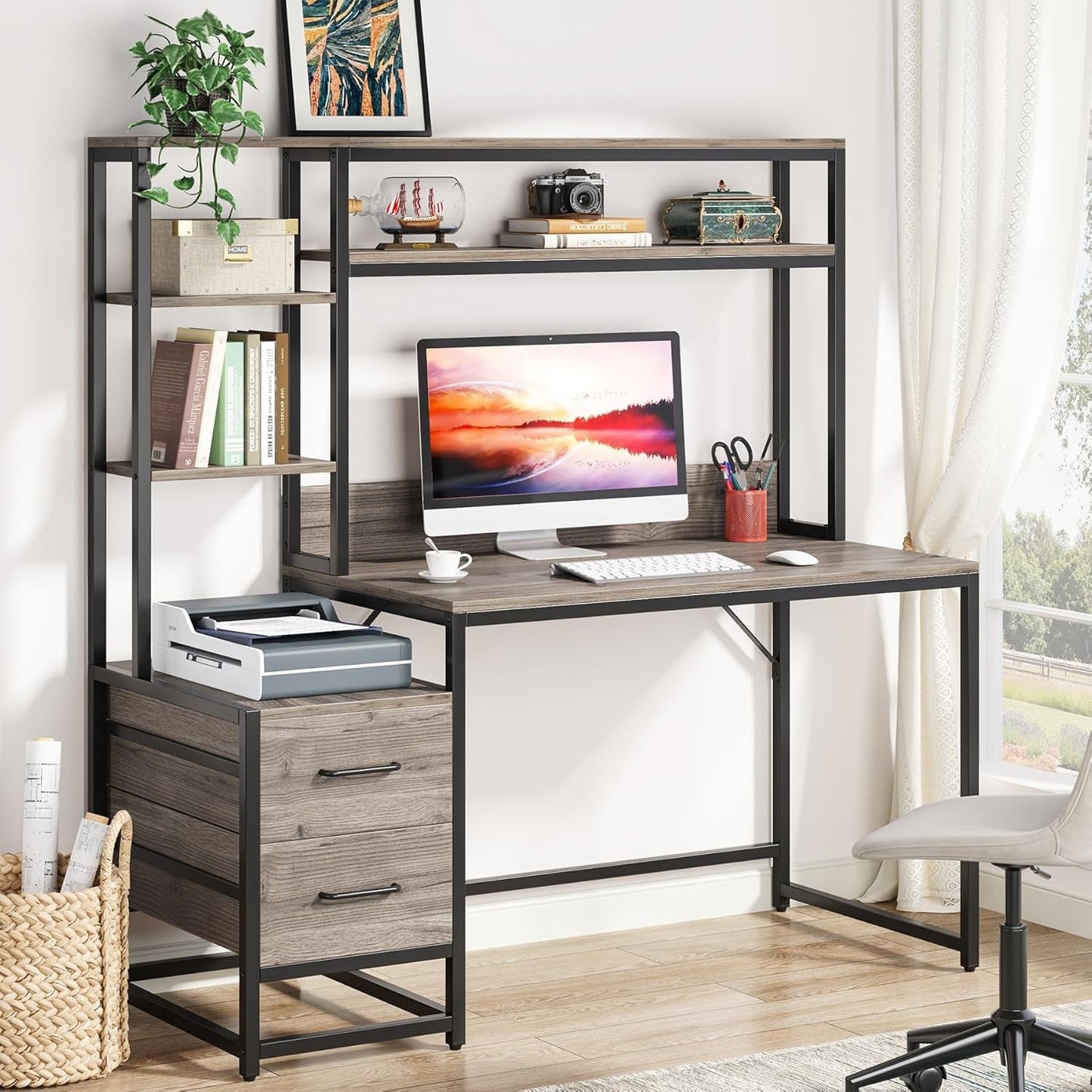 55 Inch Computer Desk with 2 Drawers and Storage Shelves, Rustic Office Desk with Hutch, Study Writing Gaming Table Laptop Workstation for Home Office (Grey)-0