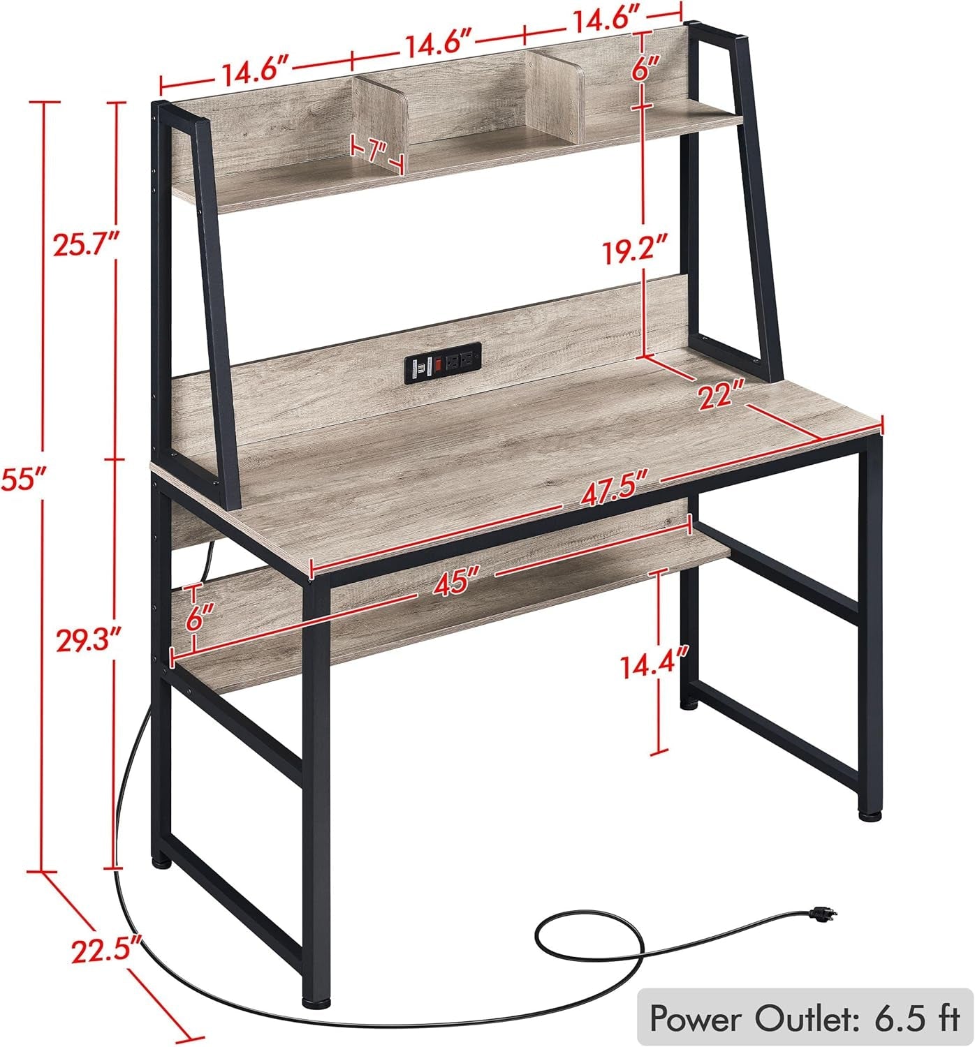 Home Office 47 Inch Writing Desk with Power Outlets and 2 USB Charging Ports for Studying, Gaming Table Computer Desk with Hutch and Bookshelf, Metal Frame Workstation for Office, Gray-2