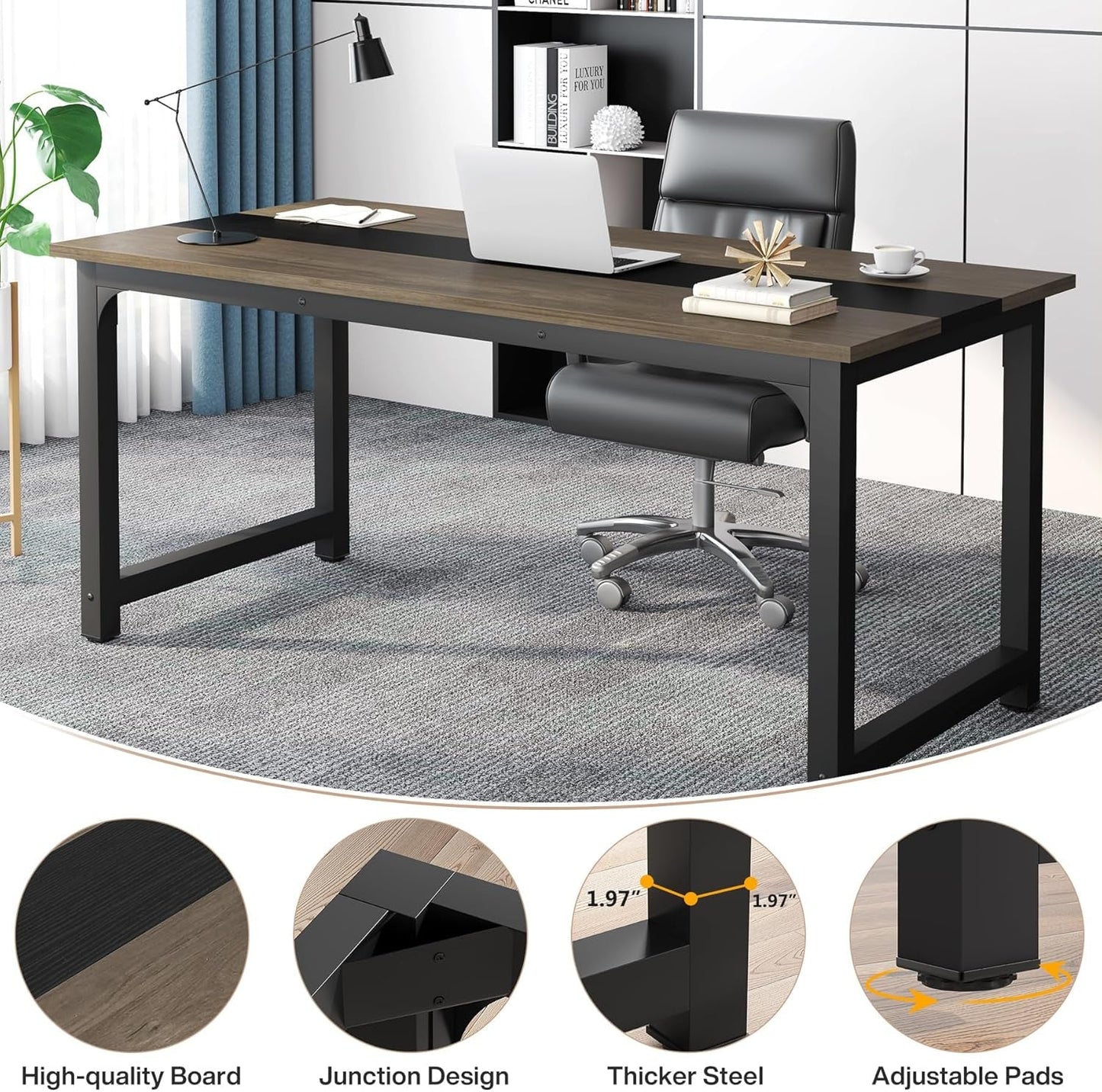 70.8” Executive Desk, Large Office Computer Desk with Thicken Frame, Modern Simple Workstation Business Furniture for Home Office, Vintage Grey/Black-4