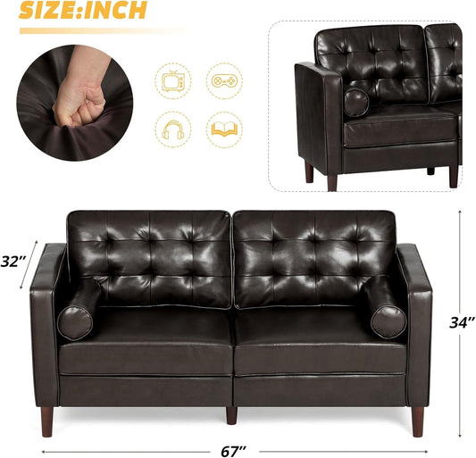 2 Pieces Faux Leather Couch Set, Upholstered 3 Seat & Loveseat Sofa with Bolster Pillows, Mid Century Modern Couch Set with Wooden Legs for Living Room, Bedroom, Office. Dark Brown-1