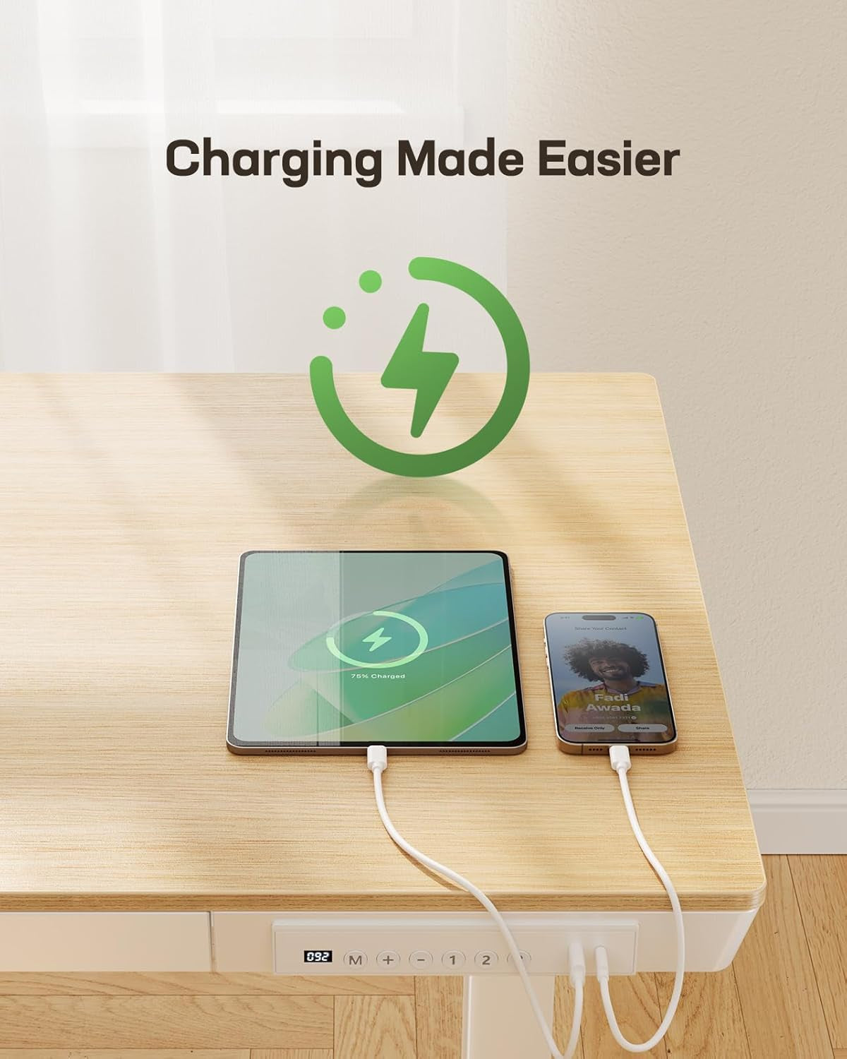 Electric Solid Standing Desk, 48 X 24 Inch Standing Desk with Drawer, Height Adjustable Desk with Tabletop & USB Charging Ports, Sit Stand Desk with Storage for Home & Office Natural-4