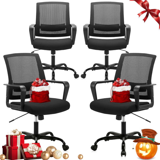Black Mesh Office Chairs, Lumbar Support, 4-Pack, Wheels-1