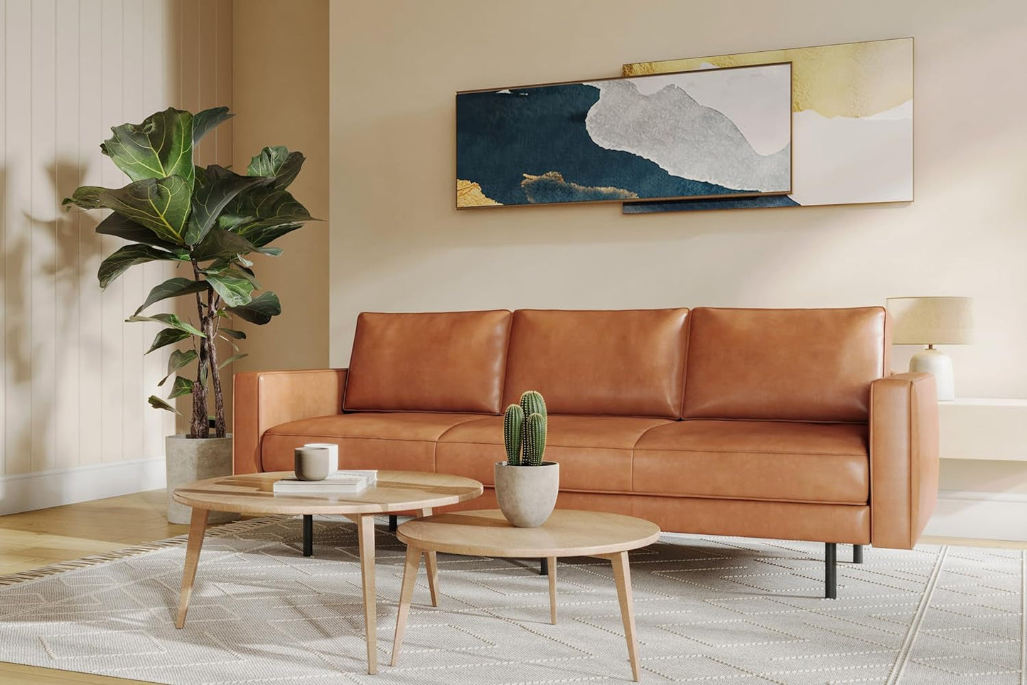 Valencia Varese 90” Cognac Tan Brown 3 Seater Full Leather Sofa - Italian Nappa Leather Modern Cloud Couch for Living Room/Apartment Furniture - Lounge Sofa with Removable Cushion-1