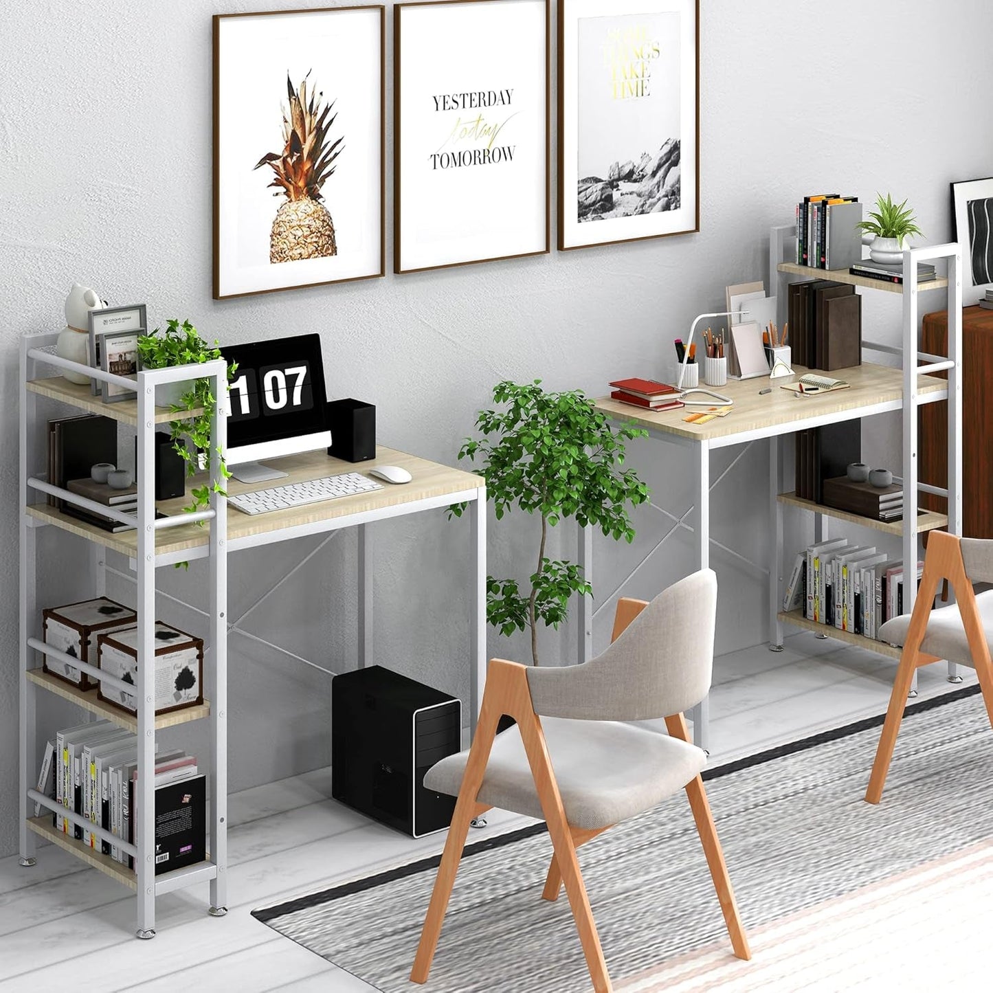 35" Small Computer Desk with 4-Tier Bookshelf, Home Office Desk Writing Workstation Study Table Multipurpose for Small Space Work - Natural and White-1