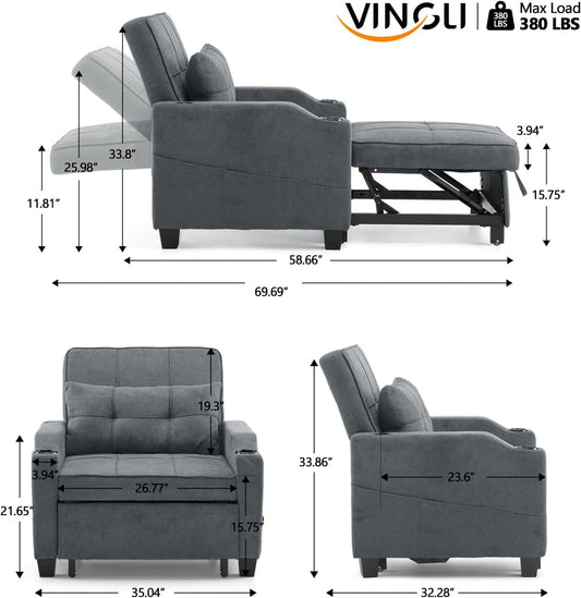 Sofa Bed Chair Recliner, 3-In-1 Convertible Sleeper Sofa Chair Bed Dark Gray Daybed Pull Out Couch Bed with Adjustable Backrest, USB Ports, Cup Holders for Small Spaces Living Room-1
