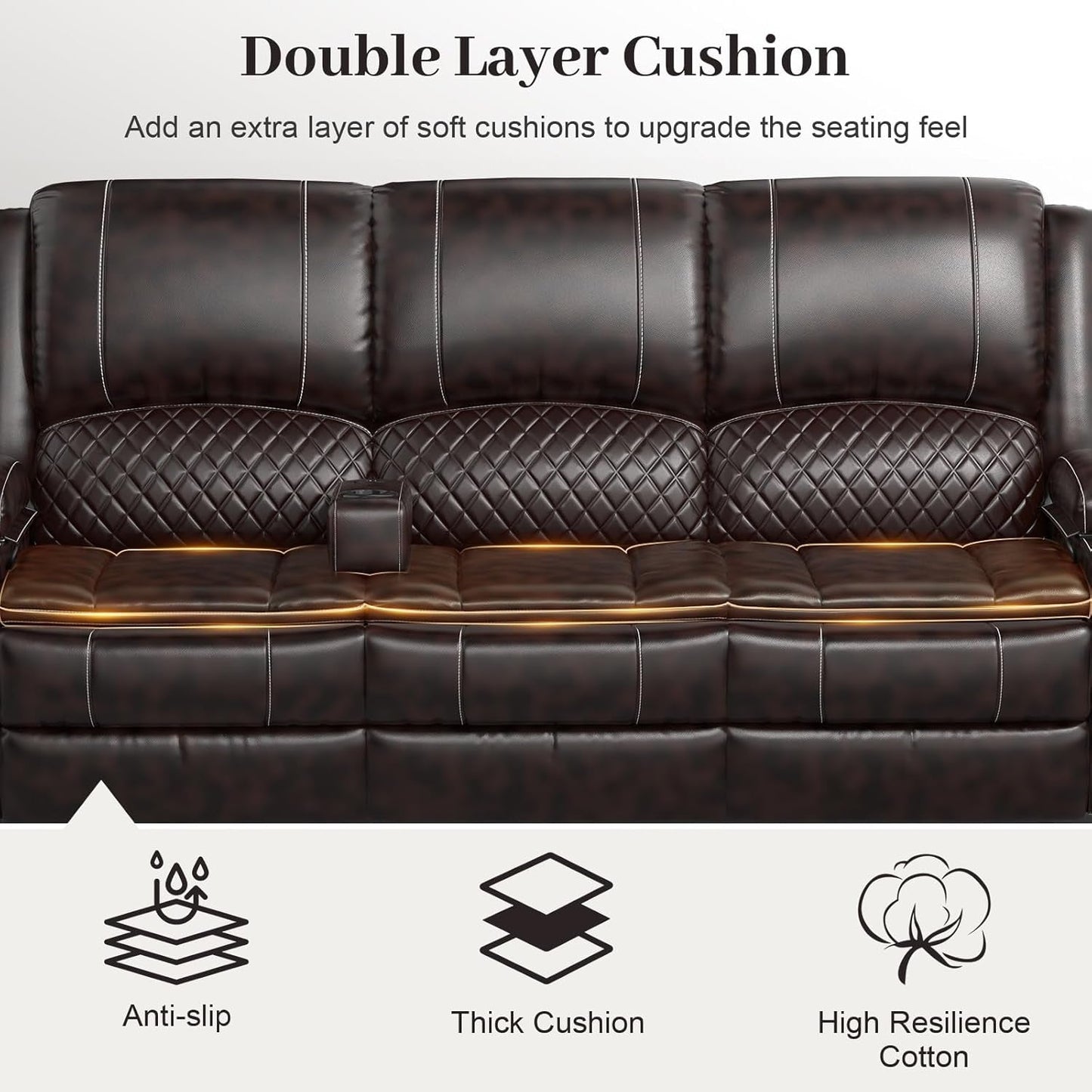 3-Seater Recliner Sofa, Manual Reclining Couch with Multi-Functional Middle Seat, Reclining Sofa for Living Room with Hidden Storage Space, Cup Holders, and Removable Console - Brown-4