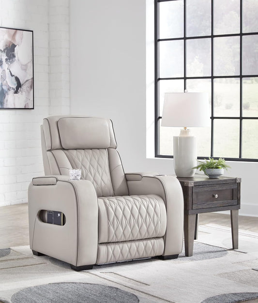 Boyington Contemporary Leather Match Power Recliner with Adjustable Headrest, Cup Holders, USB Port and Air Massage System, Light Gray-1