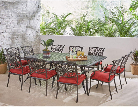 Traditions 11-Piece Patio Dining Set with 10 Stationary Chairs, Plush Red Cushions, and Extra Large Dining Table, Patio Dining Set for 10, All-Weather Rust-Resistant Luxury Outdoor Dining Set-1