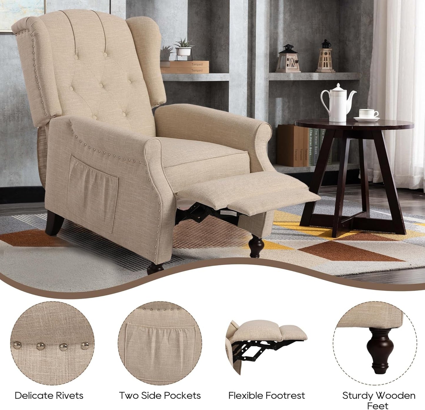 Wingback Recliner Chair with Massage and Heat, Tufted Fabric Push Back Recliner Chair for Living Room, Vintage Wingback Chair with Remote Control, Padded Cushion, Backrest, Wooden Legs-4