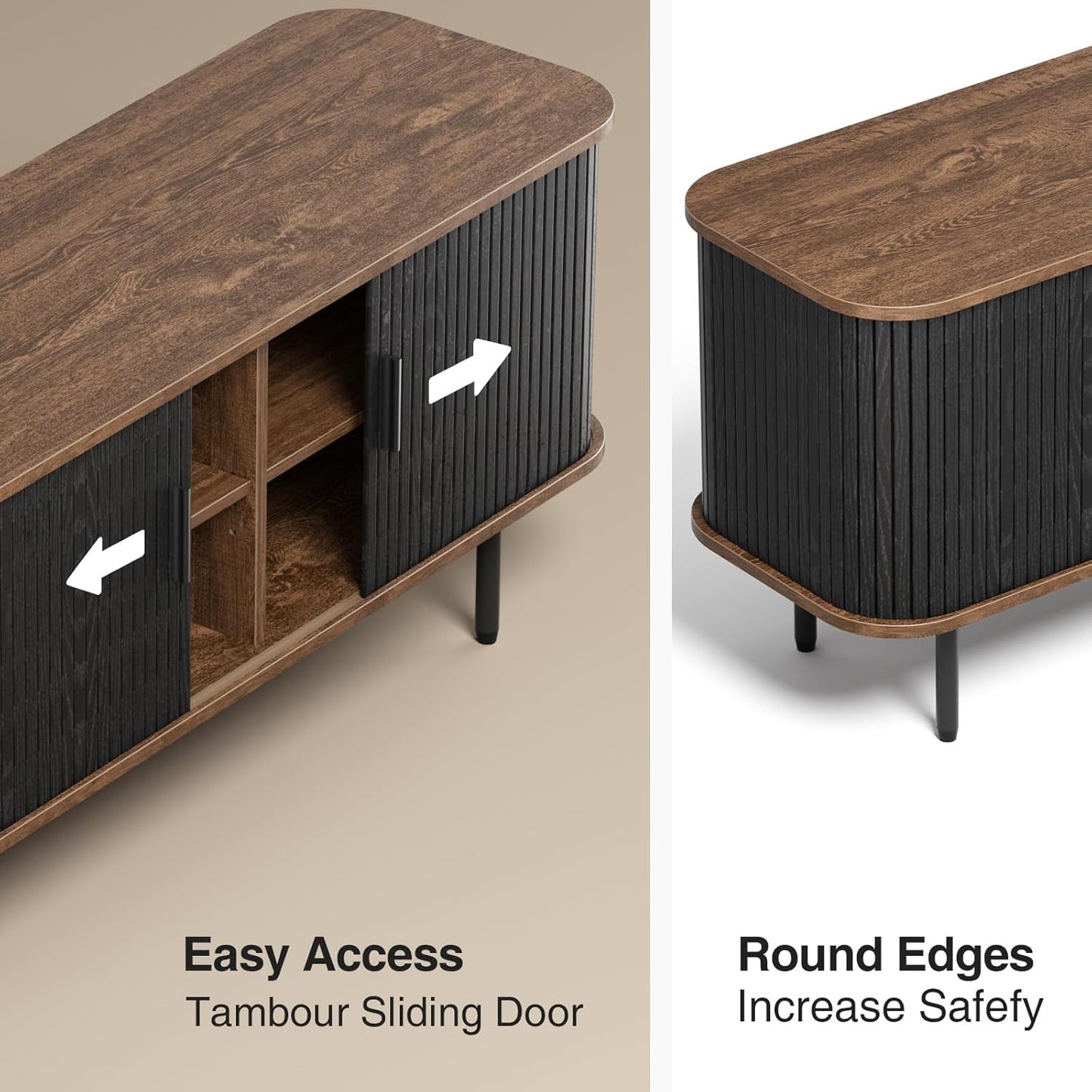 47''W Black Cabinet with Storage, Media Console, Tambour TV Stand, Television Stands with Curvy Edge; Sliding Door, Fluted Cabinet, Buffet Sideboard, Credenza, Table Stand for Living Room, Kitchen-4