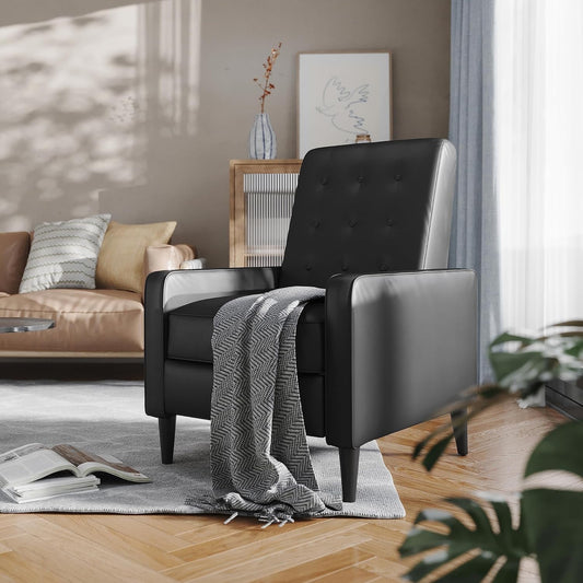 Ezra Pushback Recliner - Mid-Century Modern Black Leathersoft Upholstery - Button Tufted Back - Residential & Commercial Use-1