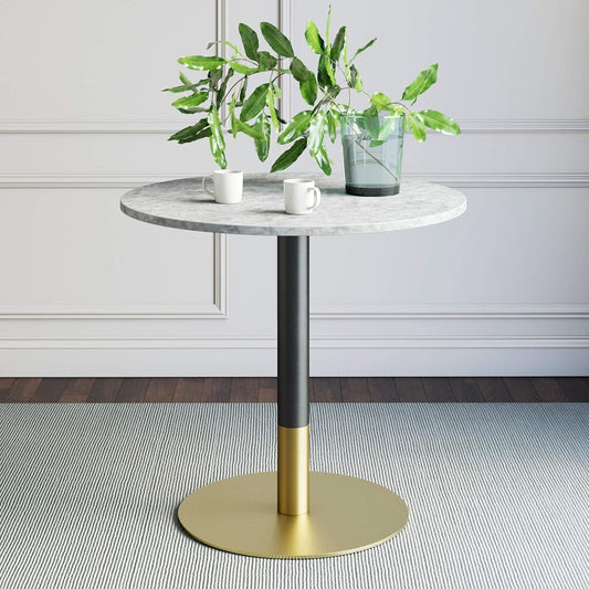 Bistro Lucy Small Mid-Century Modern Kitchen or Dining Table with Faux Carrara Marble Top and Brushed Metal Pedestal Base, Black/Gold 31D X 31.5W X 29H In-1