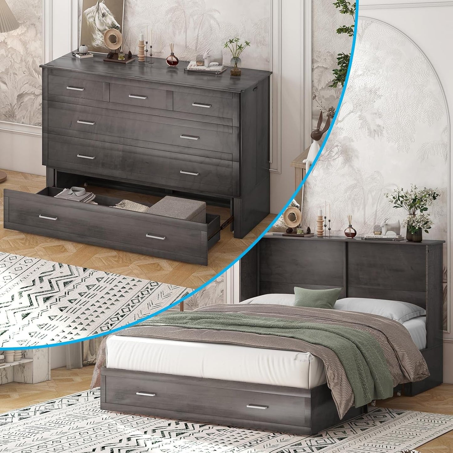 Queen Size Murphy Bed Cabinet with Storage and Charging-6