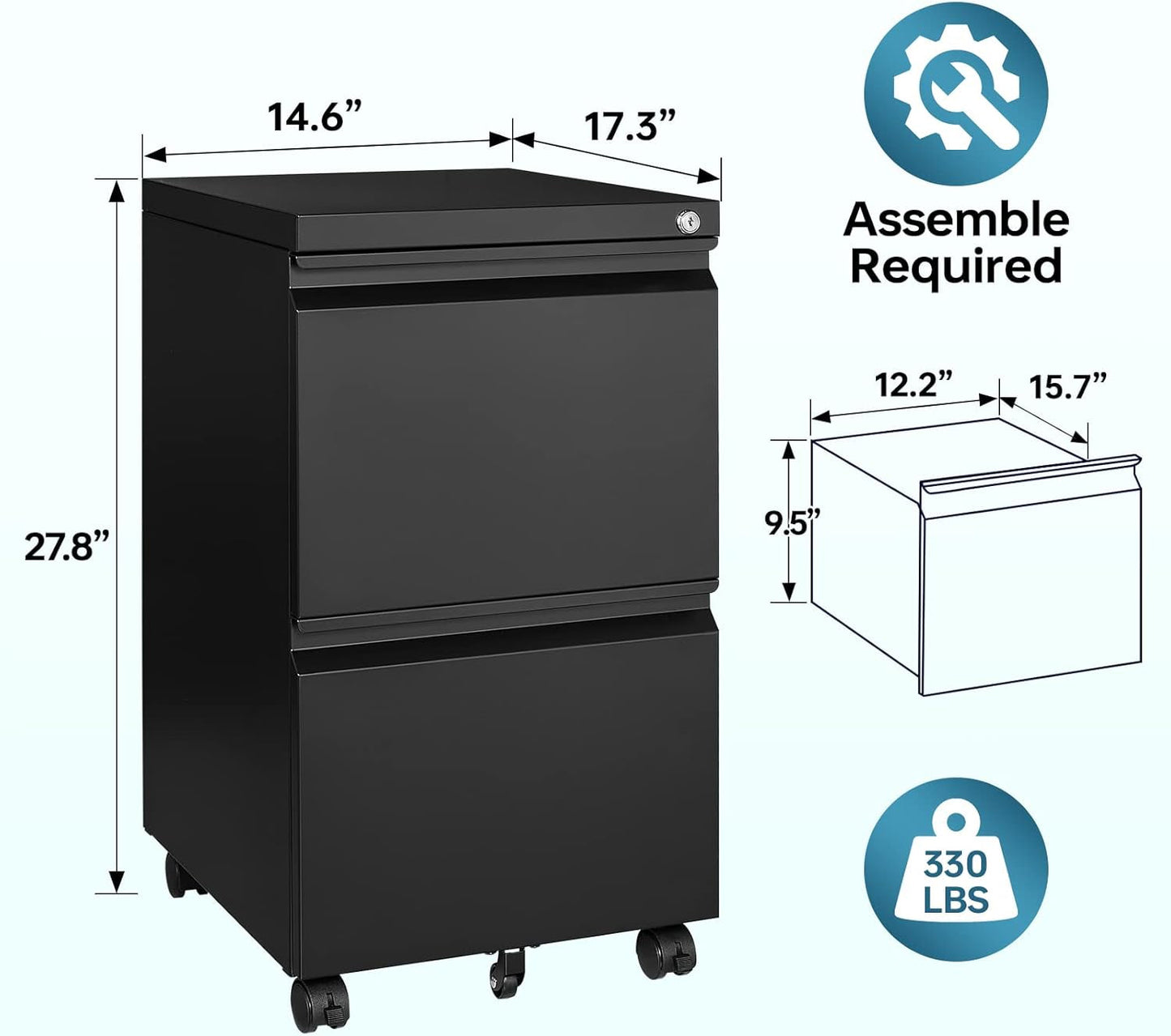 2 Drawer File Cabinet on Wheels, Home Office Mobile under Desk with Lock, Vertical Files Drawers for Legal/Letter/A4,Fully Assembled-2