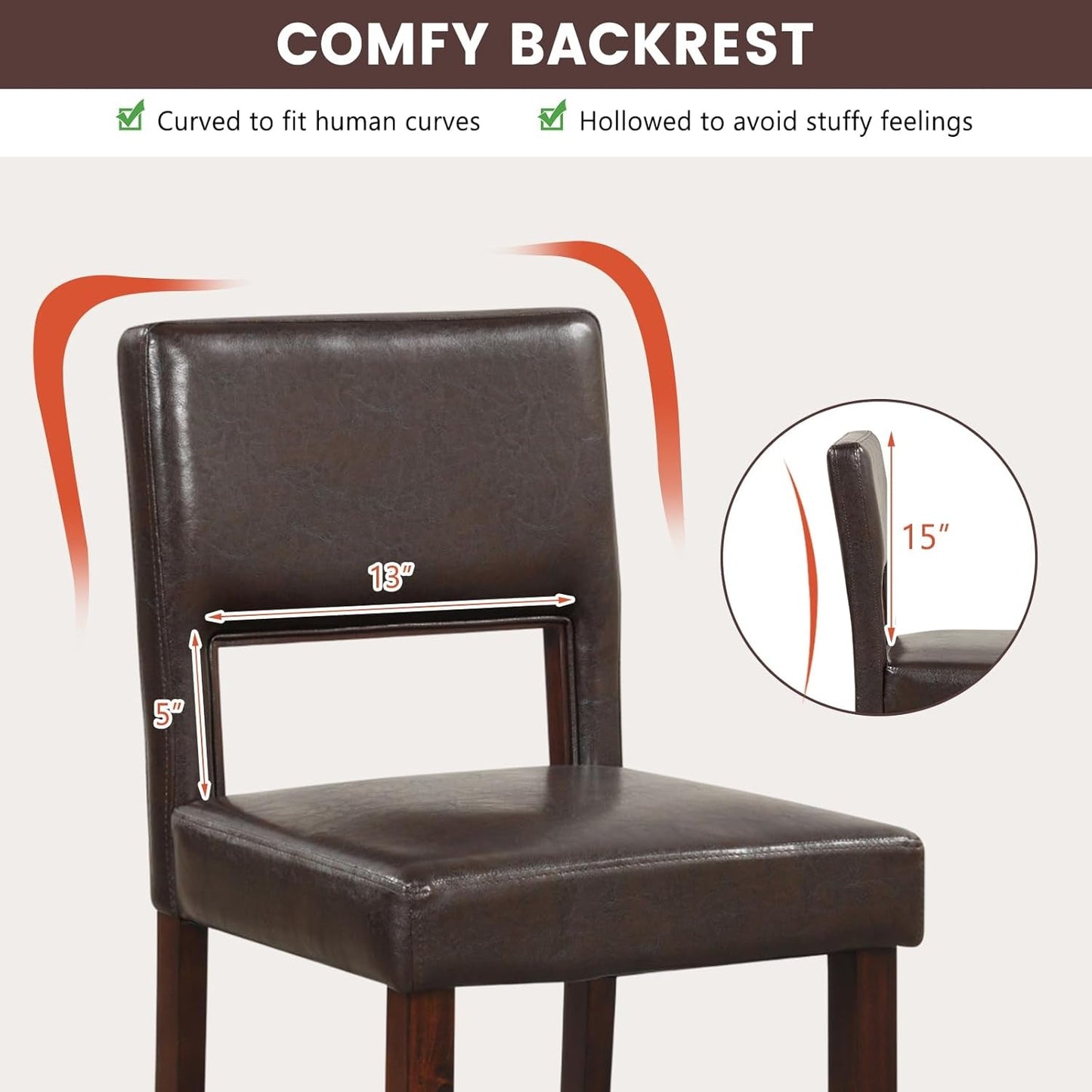24.5" Counter Height Bar Stools Set of 2, PVC Leather Barstools with Back, Rubber Wood Legs, Max Load 400 Lbs, Modern Upholstered Bar Dining Chairs for Kitchen Island Pub, Brown-4