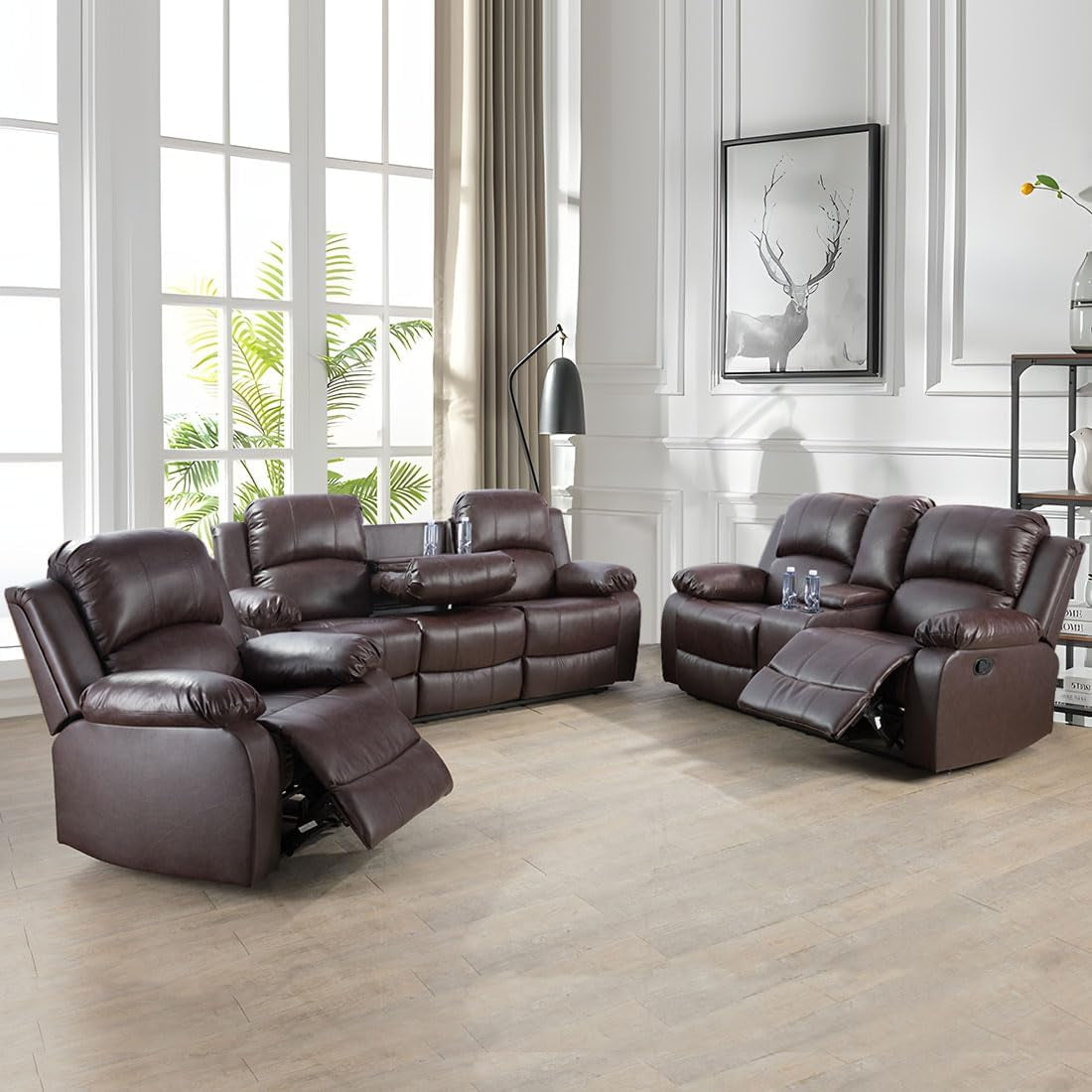 3PCS Recliner Sofa Set Vegan Leather Reclining Couch Set Living Room Furniture Sets Manual Reclining Sofa Set with Cup Holders/Storage Console/Flip down Table for Home/Office (Brown, 3PCS Set)-0