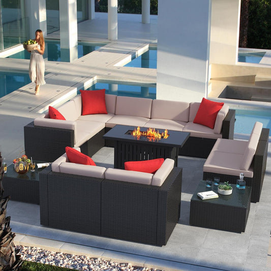 Patio Furniture Sets 13-Pieces Outdoor PE Rattan Sectional Sofa W/43In Gas Fire Pit Table 55000 BTU Add Warmth to Gatherings Parties on Deck Garden Backyard, Light Beige-1
