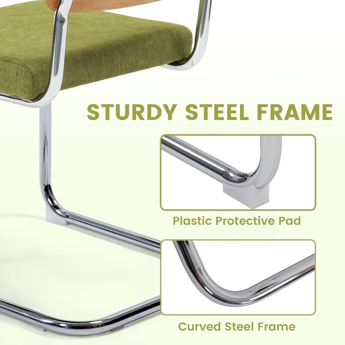 Modern Cesca Cane Dining Chairs, Set of 2, Handwoven Rattan Cane Back, Chrome Base, Upholstered Cotton Seat, Ideal for Kitchen or Dining Room, Green-4