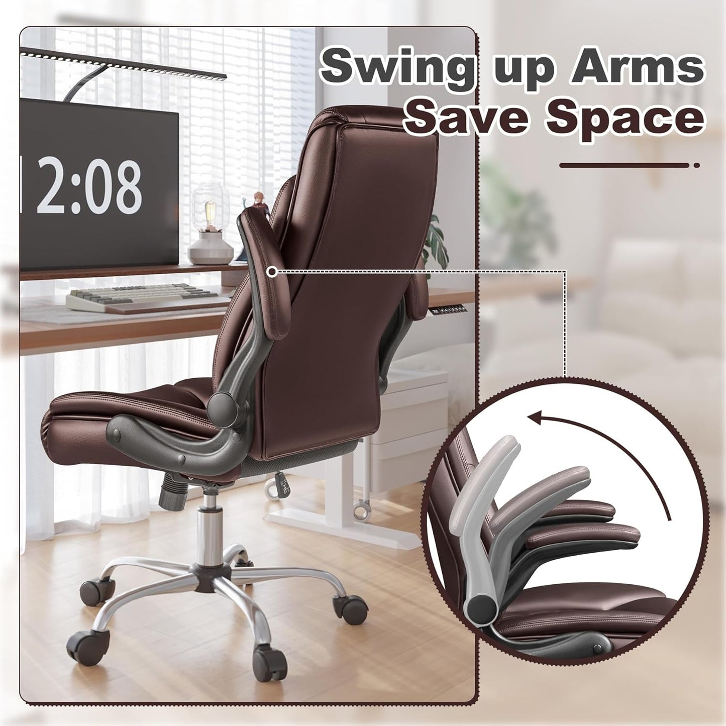 Executive Office Chair, Ergonomic High Back with Adjustable Flip-Up Armrest, Swivel Leather-Papped Seats with Lumbar Support, Brown-4