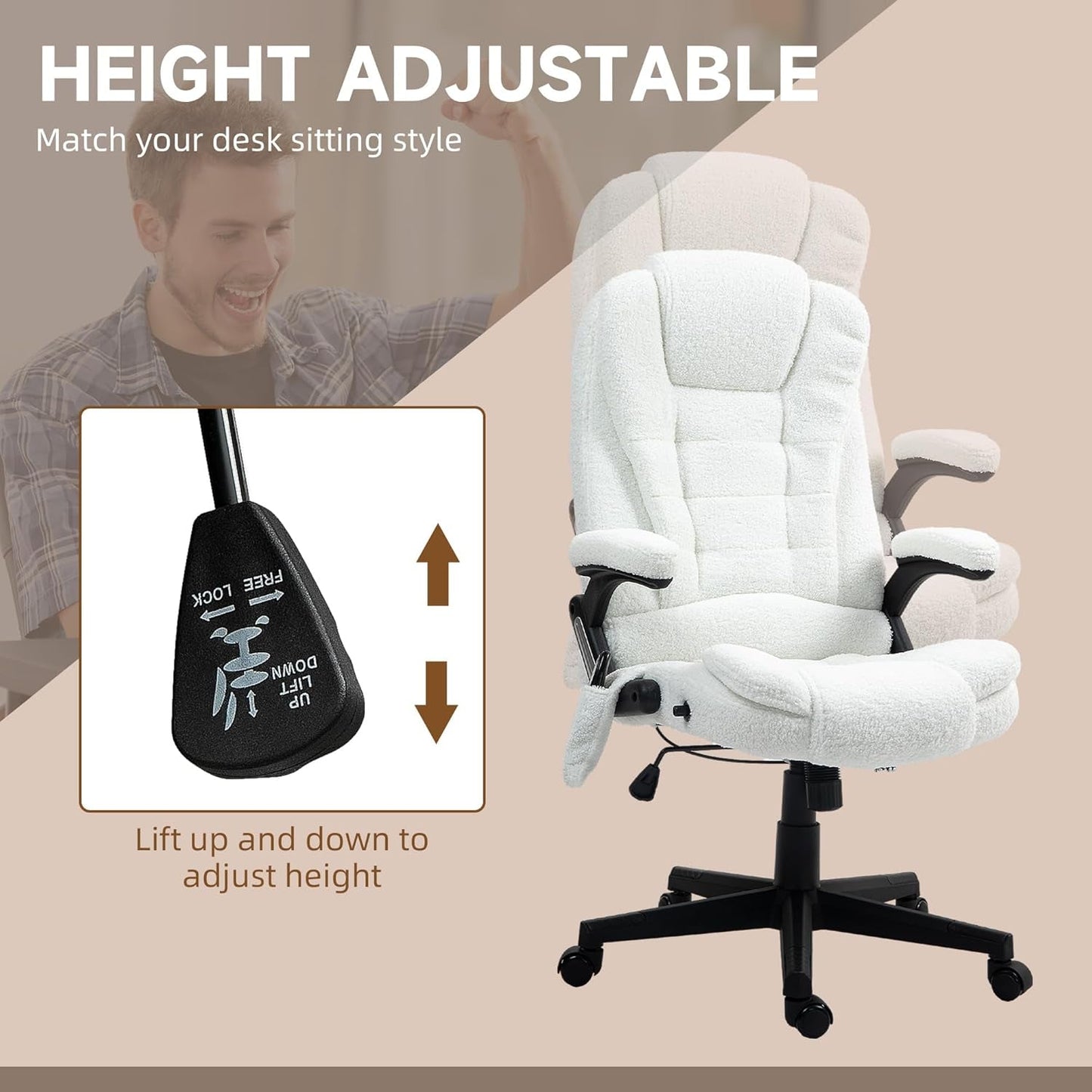 6 Point Vibrating Massage Office Chair with Heat, Velvet High Back Executive Office Chair with Reclining Backrest, Padded Armrests and Remote, White-4