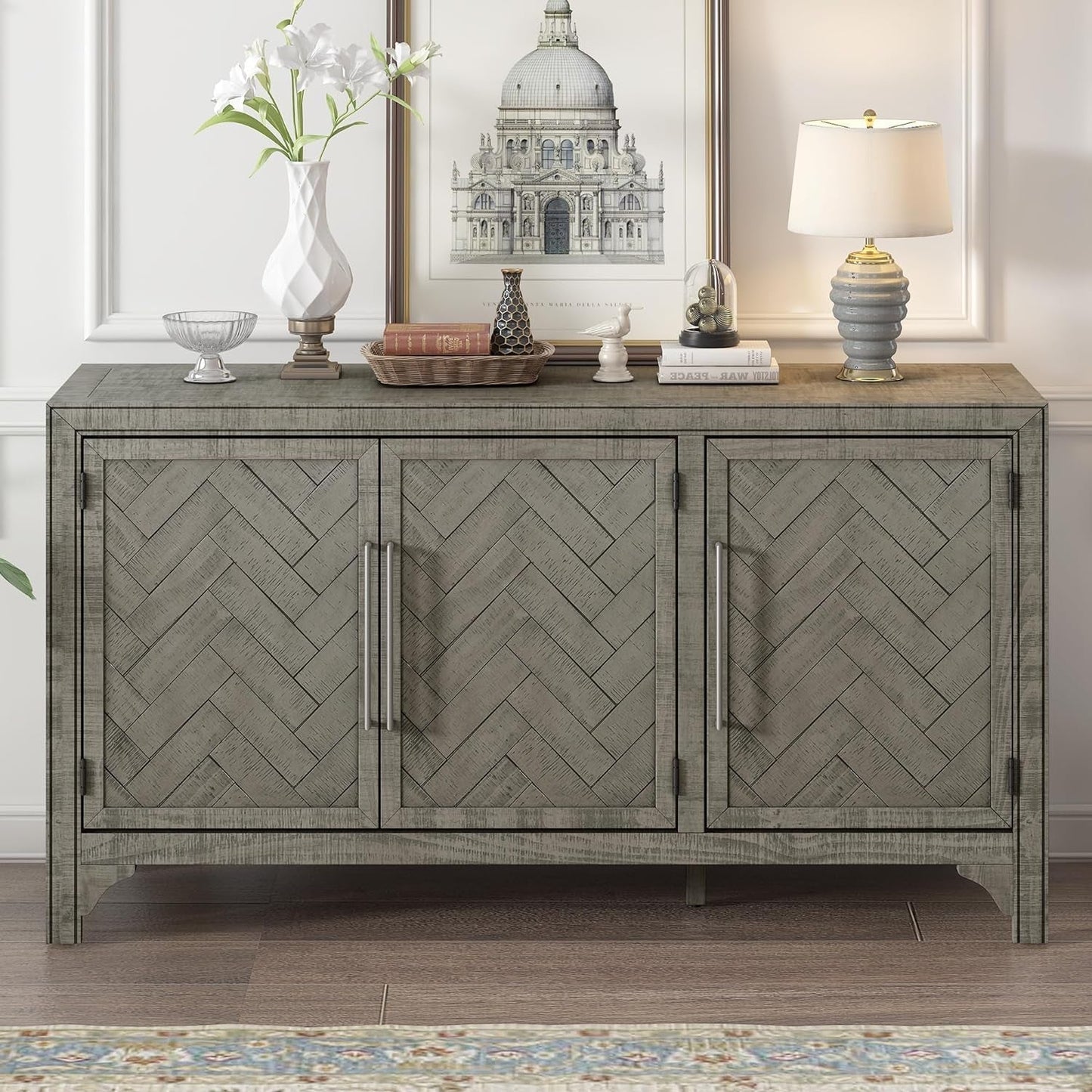 Modern Wood Buffet Sideboard with 3 Doors, Farmhouse Free Standing Storge Cabinet Console Table for Living Room Dinning Room Hallway Gray-2