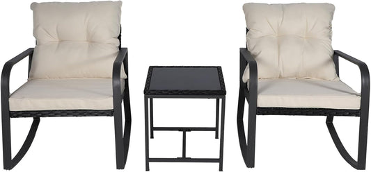 3 Pieces Patio Bistro Set Outdoor Rocking Chair W Cushion for Yard Garden Poolside (Beige)-1