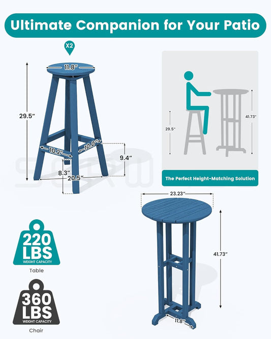 Outdoor Bar Table and Chairs Set, round Bar Table with 2 Swivel Bar Stools, Blue-1