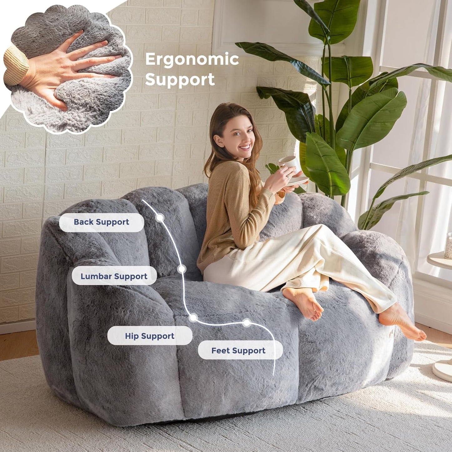 Bean Bag Chair for Adults, Loveseat Floral Shaped Bean Bag Sofa, Ultra Soft Love Seat Mini Sofa Couch, Faux Fur Reading Chair for Living Room Bedroom, Dark Grey-4