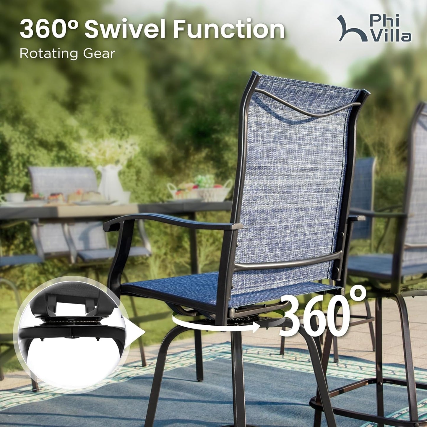 3Pcs Outdoor Swivel Bar Stools Set, Bar Height Patio Table and Chairs with All Weather Textilene Fabric, Pub Bar Bistro Tall Furniture Set for Outdoor, Blue-3
