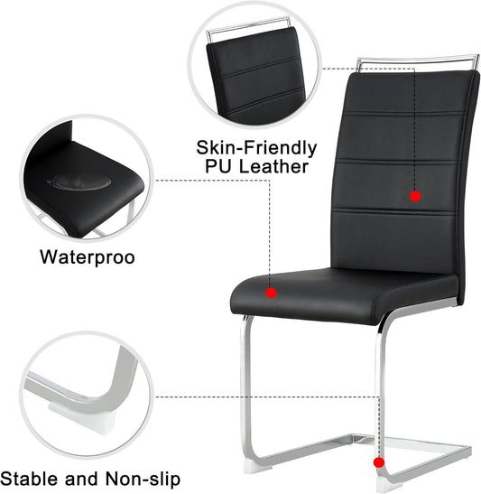 Modern Dining Chairs Set of 4, PU Faux Leather High Back Upholstered Dining Room Side Chair with Horizontal Stripe Backrest Design for Kitchen Living Room Vanity Patio Dinner Chairs, Black-1