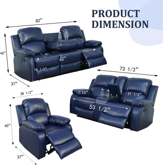 Leather Recliner Sofa Set, Living Room Furniture Set, Leather Reclining Sofa Recliner Couch for Office Home (Sofa+Loveseat+Chair, Blue)-1