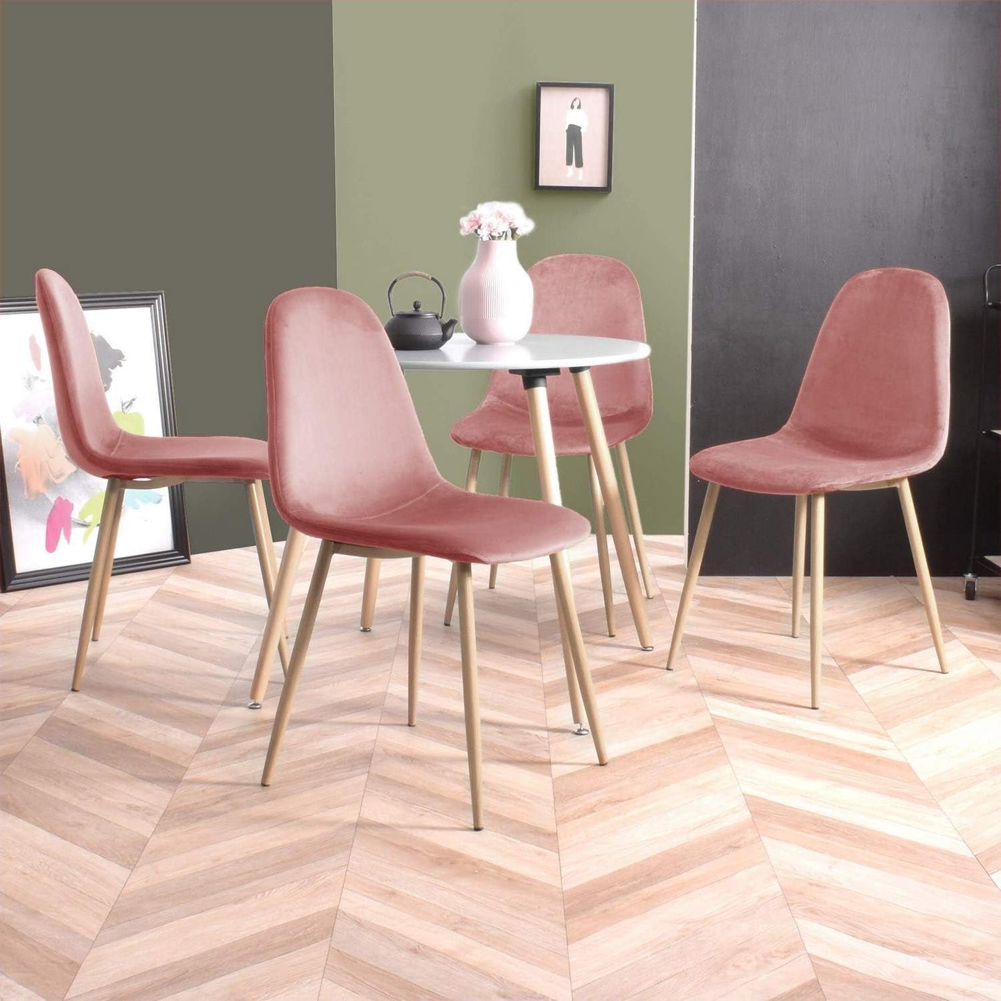 Mid-Century Modern Upholstered Dining Chairs Set of 4, Kitchen Chairs with Metal Legs for Dining Room, Velvet Seat Side Chair for Living Room, Rose-3