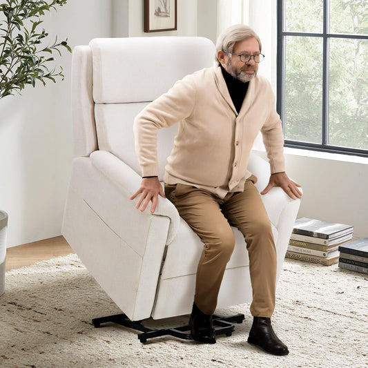 Power Lift Recliner Chair for Elderly-Electric Lift Chair Remote Control, Ergonomic Fabric Recliner Chair Single Sofa Chair with Side Pocket-White-1