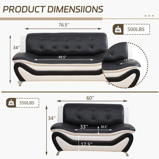 Faux Leather Sofa Couch Set, Living Room Sofa and Loveseat Set, Leather Couch and Loveseat Set for Living Room Office Home (2 Piece Leather Living Room Set, White&Black)-1