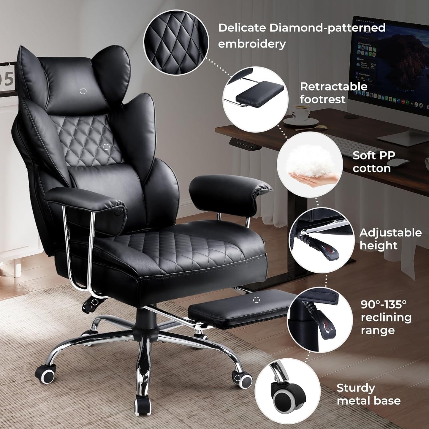 Big and Tall Gaming Chair with Pocket Spring Lumbar Support, Ergonomic Office Chair with Footrest, Executive Desk Chair with Outward Fixed Soft Armrests, Computer Chair with High Back, Black-4